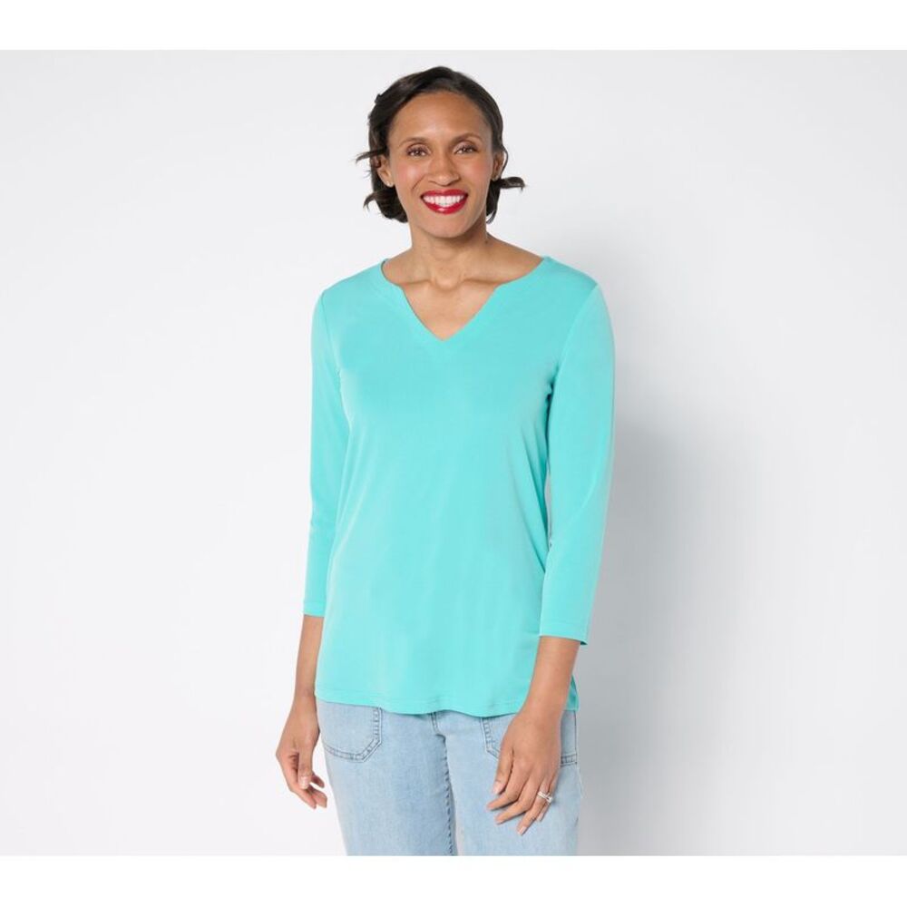 Susan Graver Women's Top Petite PS Essentials Liquid Knit Split Neck Blue